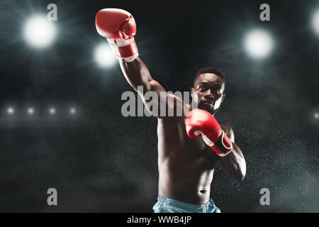 Picture of professional black mma boxer fighting on stadium arena Stock Photo