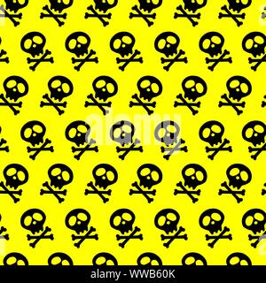 acid Seamless bright yellow background.black Skull and bones crossed. Vector illustration. poison. radiation Stock Vector