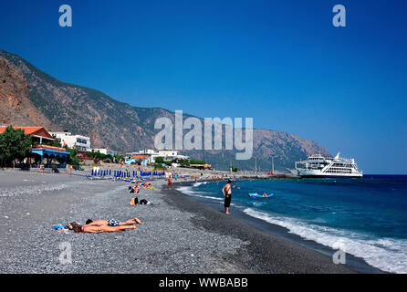 Agia Roumeli village at the exit of Samaria canyon, Sfakia region, Chania, Crete island, Greece. Stock Photo