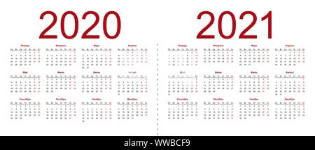Set of russian 2020, 2021 year vector calendars. Week starts from Monday. Saturday and Sunday highlighted. Isolated vector illustration on white backg Stock Vector