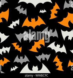 Vector pattern background with bats silhouettes for halloween design. Happy Halloween. Seammles pattern swarm of bats on the black background. Stock Vector