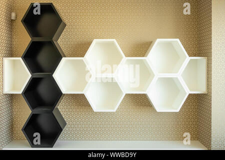 Wall shelves in the form of hexagons in white and black. Bee honeycombs Stock Photo