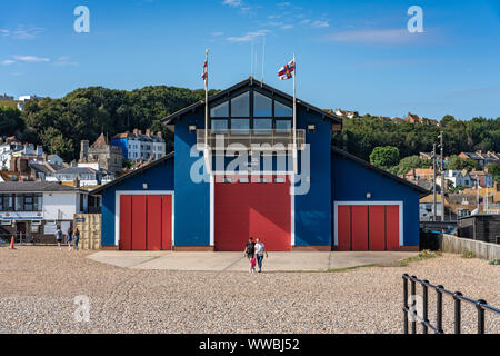 HASTINGS, UNITED KINGDOM - JULY 29: This is a lifeboats hut which sends out lifeboats to rescue people on Hastings beach on July 29, 2019 in Hastings Stock Photo