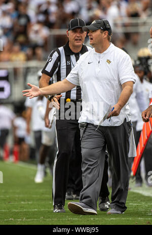 Orlando, FL, USA. 14th Sep, 2019. UCF Knights head coach Josh Heupel in paces the sideline during 1st half NCAA football game between the Stanford Cardinals and the UCF Knights at Spectrum Stadium in Orlando, Fl. Romeo T Guzman/CSM/Alamy Live News