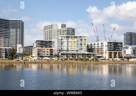 Rhodes, Sydney, Sydney suburb of Rhodes, development of new residential area with high rise apartment buildings and flats,Western Sydney,Australia Stock Photo