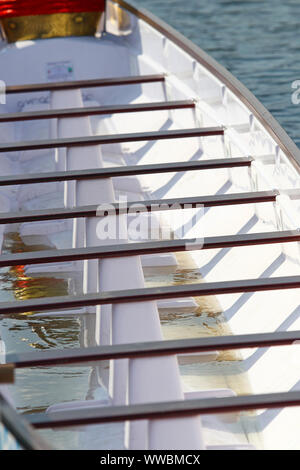 Kyiv, Ukraine - September 13, 2019: Close-up Dragon Boats seen during the ICF Dragon Boat Club Crew World Championships 2019 on Dnipro river in Kyiv, Ukraine Stock Photo