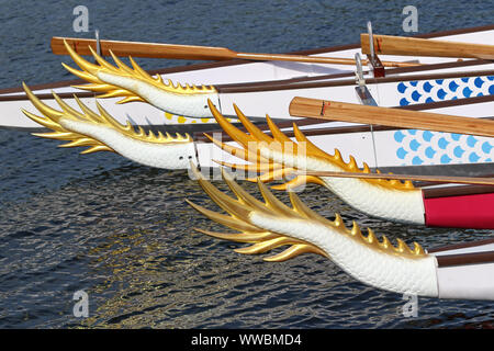 Kyiv, Ukraine - September 13, 2019: Close-up Dragon Boats seen during the ICF Dragon Boat Club Crew World Championships 2019 on Dnipro river in Kyiv, Ukraine Stock Photo