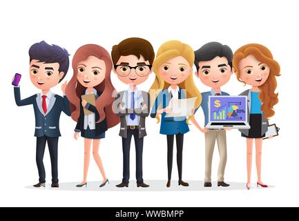 Business team vector characters. Business characters marketing team and manager standing with job teamwork in white background. Vector illustration. Stock Vector