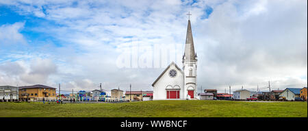 Panoramic view of the Anvil City Square on 407 Bering St and the Old St. Joseph's Hall, the old Roman Catholic Church. Stock Photo