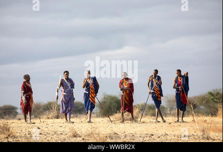 Ngorongoro, Tanzania, 10th September 2019: maasiai warriors in a landscape of Northern Tanzania Stock Photo