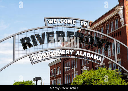 Welcome to Riverfront park illuminated sign with buildings in background in capital Alabama city of Montgomery in old town Stock Photo