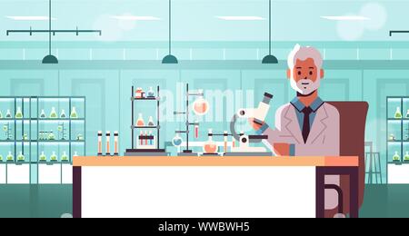 senior scientist using microscope and test tubes man in uniform sitting at table making scientific experiments chemistry laboratory interior research Stock Vector