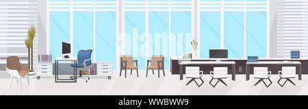 stylish workplace with computer monitor at office modern cabinet interior empty no people room with panoramic windows flat horizontal banner Stock Vector