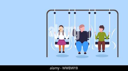 fat obese guy swinging with friends obesity concept overweight man sitting on swing having fun flat full length horizontal Stock Vector