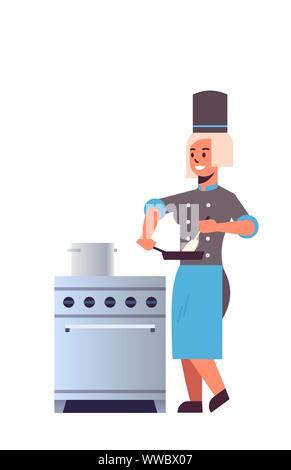 female professional chef using frying pan stirring food woman restaurant kitchen worker in uniform standing near stove cooking concept flat full Stock Vector