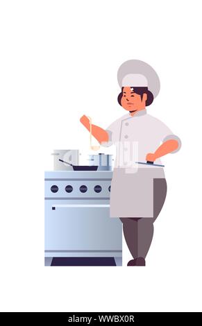 female professional chef cook preparing and tasting dishes woman restaurant worker in uniform near kitchen stove cooking food concept flat full length Stock Vector