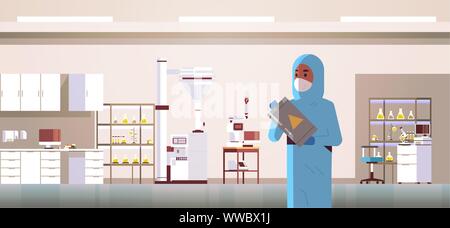 scientific researcher holding barrel with warning sign african american man in protective suit working with chemicals research science concept modern Stock Vector