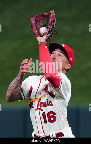 St. Louis Cardinals Kolten Wong makes a catch for the out on Milwaukee Brewers Lorenzo Cain in the sixth inning at Busch Stadium in St. Louis on Saturday, September 14, 2019.   Photo by Bill Greenblatt/UPI Credit: UPI/Alamy Live News Stock Photo