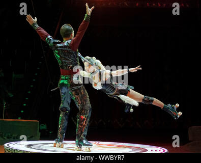 Kiev, Ukraine. 14th Sep, 2019. Artists perform during the presentation of the new fantasy steampunk circus show 'Pendulum of Time' at the Ukrainian National Circus in Kiev, Ukraine. The show will be staged in the circus from September 2019. The Kiev's Circus is one of the oldest in the Ukraine. Credit: SOPA Images Limited/Alamy Live News Stock Photo