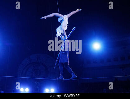 Kiev, Ukraine. 14th Sep, 2019. Artists perform during the presentation of the new fantasy steampunk circus show 'Pendulum of Time' at the Ukrainian National Circus in Kiev, Ukraine. The show will be staged in the circus from September 2019. The Kiev's Circus is one of the oldest in the Ukraine. Credit: SOPA Images Limited/Alamy Live News Stock Photo