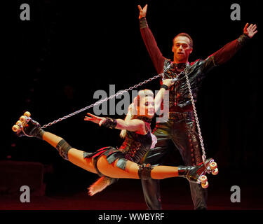 Kiev, Ukraine. 14th Sep, 2019. Artists perform during the presentation of the new fantasy steampunk circus show 'Pendulum of Time' at the Ukrainian National Circus in Kiev, Ukraine. The show will be staged in the circus from September 2019. The Kiev's Circus is one of the oldest in the Ukraine. Credit: SOPA Images Limited/Alamy Live News Stock Photo