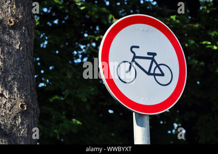 Rules of the road, bike road sign. Bicycles are prohibited. Stock Photo