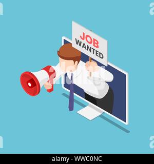Flat 3d isometric businessman come out from monitor holding megaphone and job wanted sign. Online job searching concept. Stock Vector