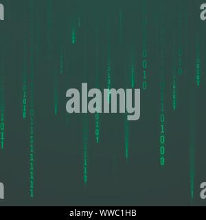 Stream of binary code. Green color code streams glowing on screen. Falling random numbers. Data and technology. Vector illustration Stock Vector
