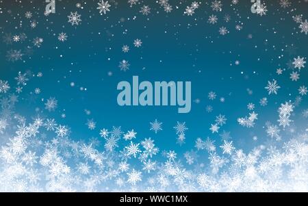 Snowfall Christmas background. Flying snow flakes on night winter blue sky background. Winter wite snowflake template. Vector illustration Stock Vector