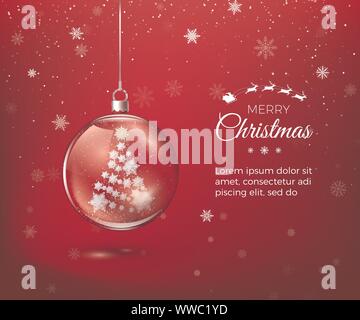 Marry Christmas. Transparent glossy Christmas decoration. Christmas tree silhouette made of paper snowflakes inside glass ball. New Year greeting card Stock Vector