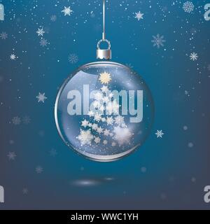 Transparent Christmas decoration with New Year Tree Silhouette from Paper Snowflakes inside. Festive snowfall on background. Vector illustration Stock Vector