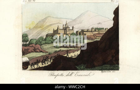 View of the Royal Site of San Lorenzo de El Escorial, near Madrid, Spain. Prospetto dell’Escoriale. Handcoloured copperplate engraving by Migliavacca after Giulio Ferrario in his Costumes Ancient and Modern of the Peoples of the World, Il Costume Antico e Modern o Story, Florence, 1829.