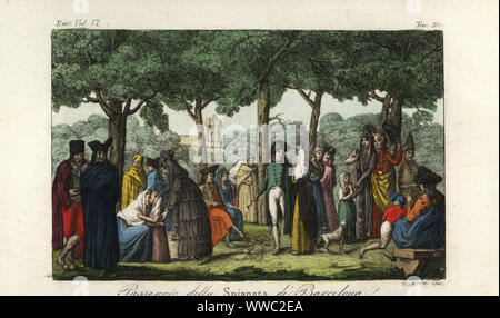 View of a group of promenaders on the Spianata, Barcelona, 1806.  Strollers include Catalonian women in veils and mantillas, a monk, a soldier in bicorn, children. The Citadel or Ciutadella is seen in the background.  Passeggio della Spianata di Barcelona. Handcoloured copperplate engraving by Giarre after Giulio Ferrario in his Costumes Ancient and Modern of the Peoples of the World, Il Costume Antico e Modern o Story, Florence, 1829. Copied from an etching in Alexandre De-Laborde’s Voyage historique et pittoresque en Espagne, 1807. Stock Photo