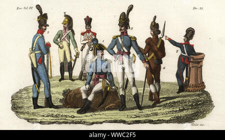 Uniforms of the Portuguese Army, 1800s. Officer 1, infantry officer 2, Lisbon police guards 3, and armed peasant from the Algarve 4.  Portuguese soldiers in French Dragoon and Guards uniforms in rear. Handcoloured copperplate engraving by Verico after Giulio Ferrario in his Costumes Ancient and Modern of the Peoples of the World, Il Costume Antico e Modern o Story, Florence, 1829. Stock Photo