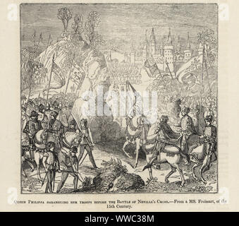 Queen Philippa of Hainault, Queen of England, rallying her army against the Scots at the Battle of Neville’s Cross, 1346. Queen Philippa haranguing her troops before the battle of Neville's Cross. Woodcut after an illuminated manuscript from Sir John Froissart's Chronicles of England, France, Spain and the Adjoining Countries, from the Latter Part of the Reign of Edward II to the Coronation of Henry IV, George Routledge, London, 1868. Stock Photo