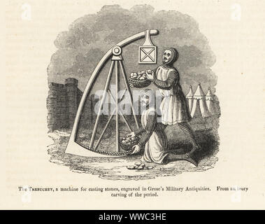 Trebuchet, or French trebuchet, military machine for casting stones.  Soldiers in chainmail and tunics firing projectiles at a castle. Siege engine used in medieval warfare. Woodcut after an ivory carving from Sir John Froissart's Chronicles of England, France, Spain and the Adjoining Countries, from the Latter Part of the Reign of Edward II to the Coronation of Henry IV, George Routledge, London, 1868. Stock Photo