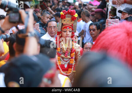 Kathmandu, Nepal. 13th Spet, 2019. Scenes on the main day of Indra Jatra festival in Kathmandu, Nepal. Sarita Khadka/Alamy Live News Stock Photo