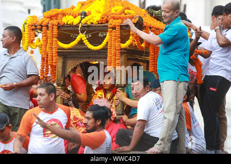 Kathmandu, Nepal. 13th Spet, 2019. Scenes on the main day of Indra Jatra festival in Kathmandu, Nepal. Sarita Khadka/Alamy Live News Stock Photo