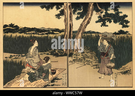 Japanese women picnicing in a field outside Tokyo, 18th century. Women smoking a tobacco pipe while waiting for a soba-shop woman to bring a kettle and tray of noodles. Handcoloured ukiyo-e woodblock print by Toyokuni Utagawa from Shikitei Sanba’s Ehon Imayo Sugata (Picture Book of the Modern Forms and Figures, Tokyo, 1916. Reprint of the original from 1802. Stock Photo