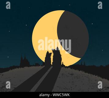 Silhouette of two dogs sitting in grass on the top of hill over city a front of big moon. Stock Vector