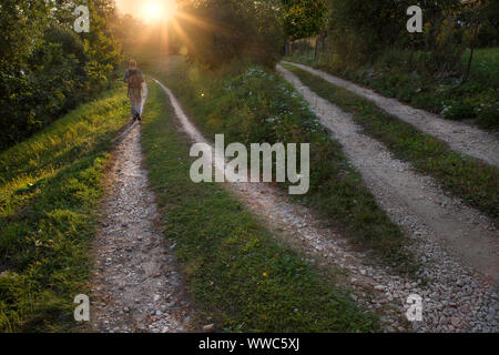 Conceptual image of two ways and a man who is walking down on one of them. Choice with crossroads splitting in two ways. Stock Photo