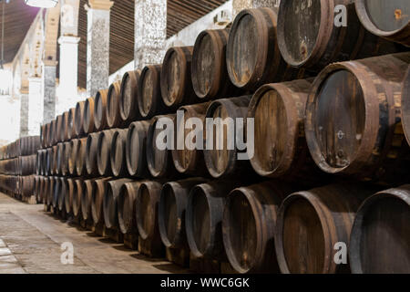 Production of fortified jerez, xeres, sherry wines in old oak barrels in sherry triangle, Jerez la Frontera, El Puerto de Santa Maria and Sanlucar Bar Stock Photo