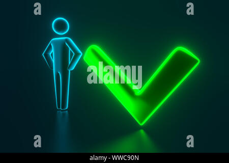 The 3d man next to the check mark. The concept of the completed task. 3d rendering Stock Photo