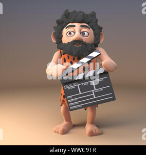 Cartoon 3d prehistoric caveman character in animal pelt using a movie makers film slate clapperboard, 3d illustration render Stock Photo