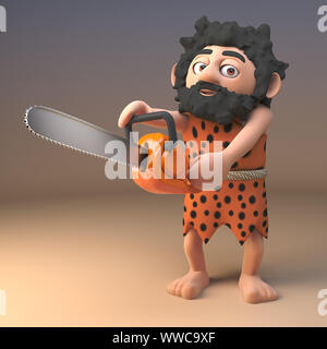 3d savage stone age caveman in animal pelt holding a chainsaw, 3d illustration render Stock Photo