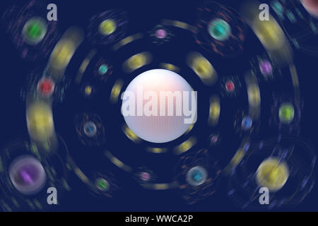 3D illustration. Abstract image. Space, atoms, planets, molecules, electrons on blue background. Stock Photo