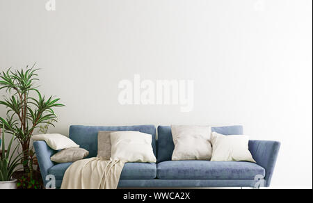 Mock up wall with steel blue sofa in modern interior background, living room, Scandinavian style, wide close-up, 3D render, 3D illustration