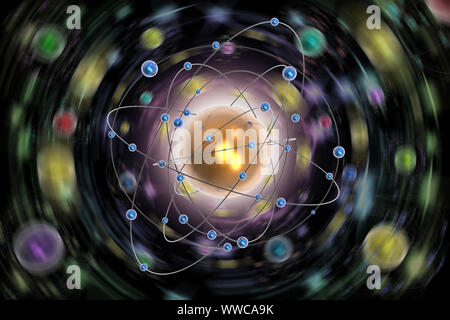 3D illustration. Abstract image. Space, atoms, planets, molecules, electrons on black background. Stock Photo