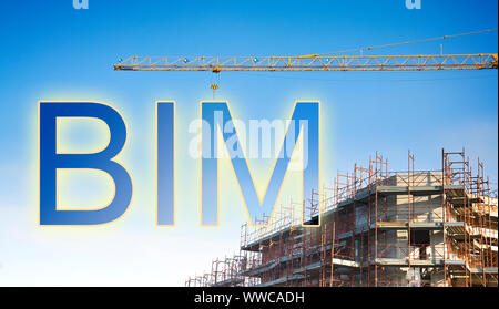 Building Information Modeling (BIM), a new way of architecture designing - concept image with a metal tower crane in a construction site with hanging Stock Photo