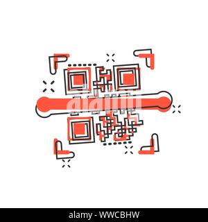 Qr code scan icon in comic style. Scanner id vector cartoon illustration on white isolated background. Barcode business concept splash effect. Stock Vector